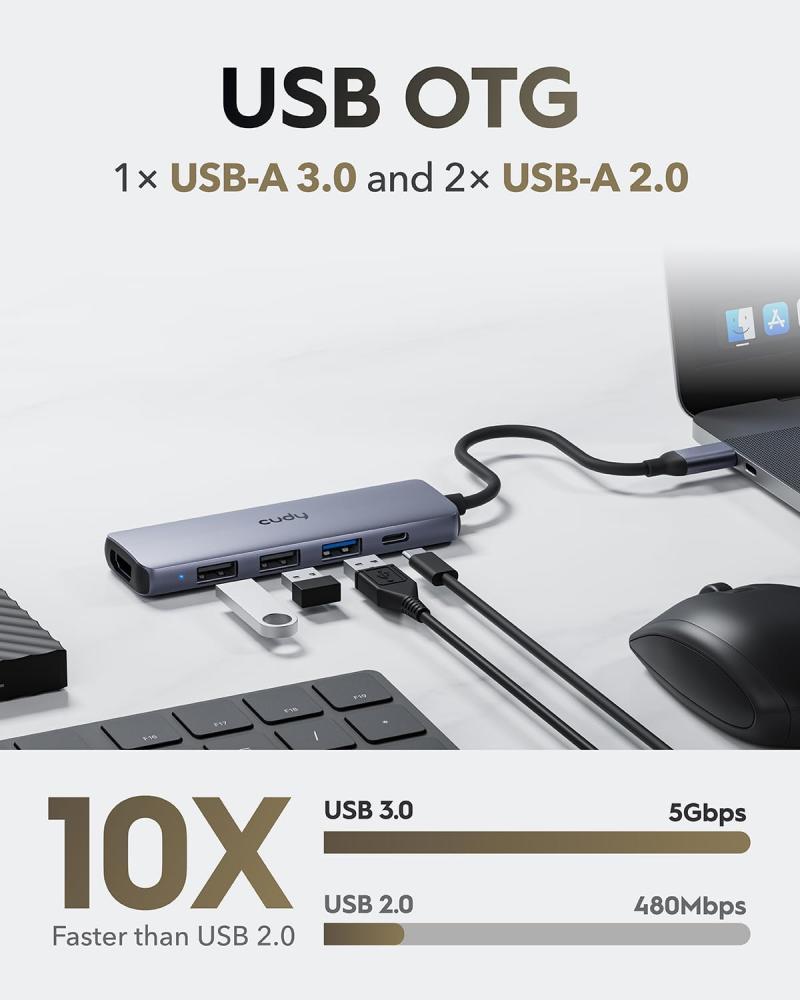 كودي موزع USB C، محول USB C متعدد المنافذ 5 في 1 مع بي دي 100 واط، اتش دي ام اي 4 كيه، 3 منافذ بيانات USB-A من الالومنيوم لماك بوك وجالكسي وسيرفس واكس بي اس وايباد UH405