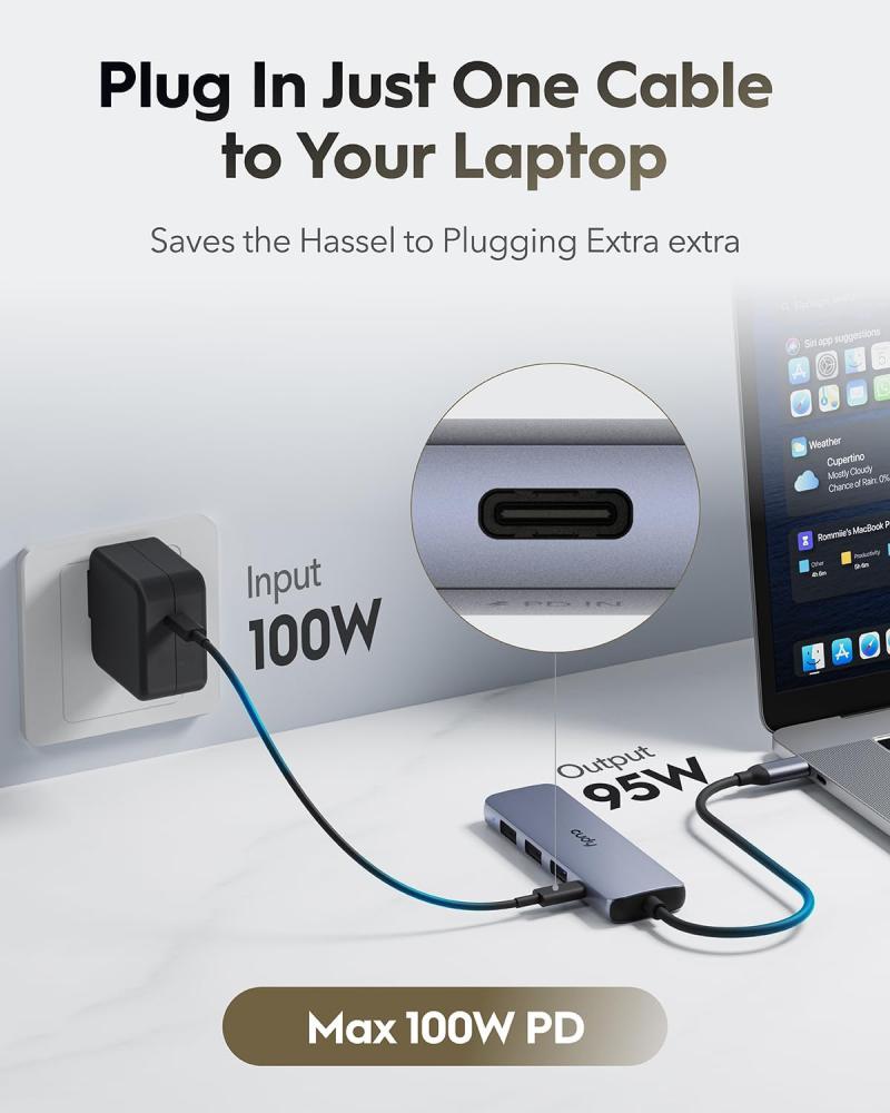 كودي موزع USB C، محول USB C متعدد المنافذ 5 في 1 مع بي دي 100 واط، اتش دي ام اي 4 كيه، 3 منافذ بيانات USB-A من الالومنيوم لماك بوك وجالكسي وسيرفس واكس بي اس وايباد UH405