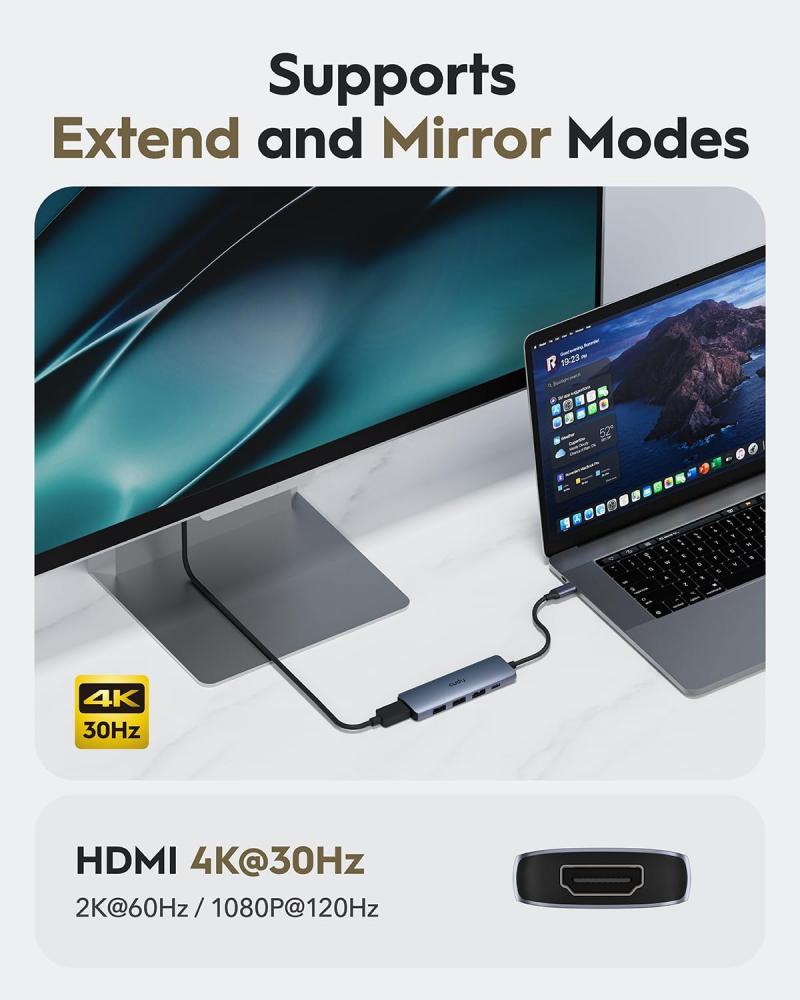 كودي موزع USB C، محول USB C متعدد المنافذ 5 في 1 مع بي دي 100 واط، اتش دي ام اي 4 كيه، 3 منافذ بيانات USB-A من الالومنيوم لماك بوك وجالكسي وسيرفس واكس بي اس وايباد UH405