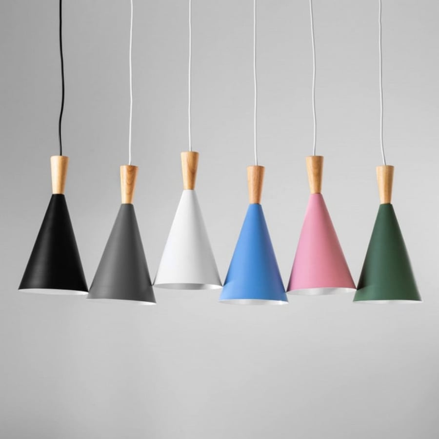 Single hanging chandelier in gray color and wooden base