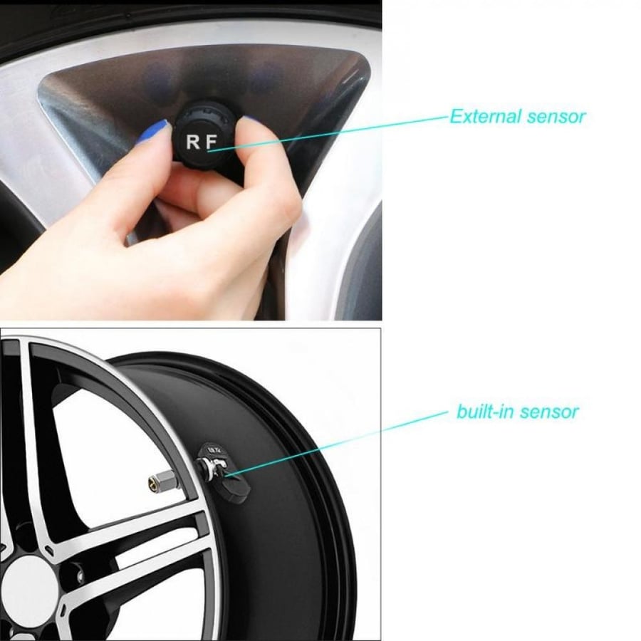 Tire pressure and air temperature monitoring device powered by solar energy and a USB external sensor