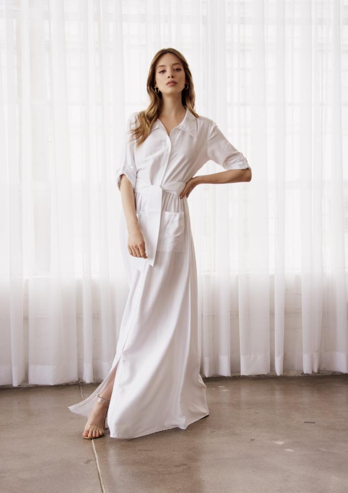 White Button-down Ruffled Waist Dress