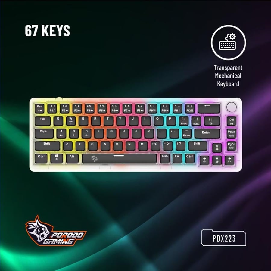 لوحة مفاتيح ميكانيكية Porodo Gaming Pudding Keycaps بشفافية وإضاءة RGB