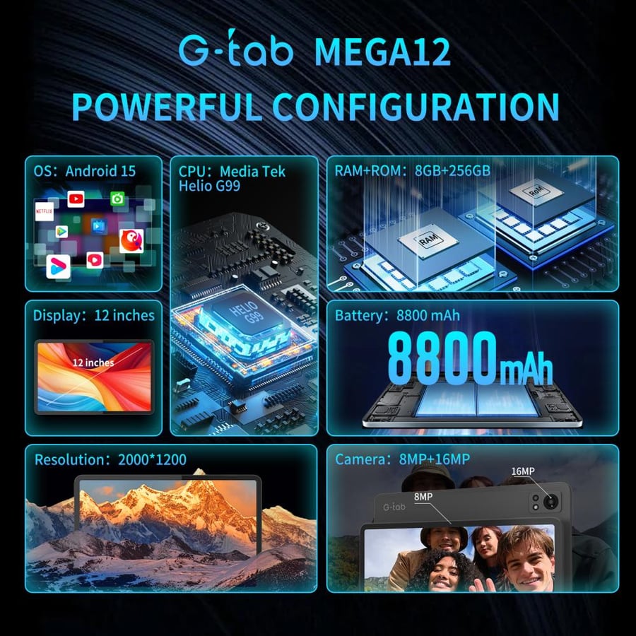تابلت جي تاب Mega 12 بشاشة 12 إنش 2K مع كيبورد مغناطيسي عربي/إنجليزي – 16GB+256GB أندرويد 15 – G-Tab Mega 12