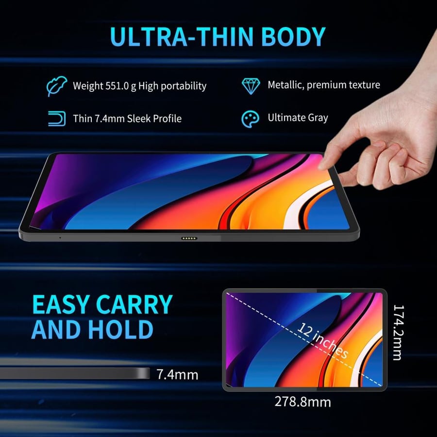 تابلت جي تاب Mega 12 بشاشة 12 إنش 2K مع كيبورد مغناطيسي عربي/إنجليزي – 16GB+256GB أندرويد 15 – G-Tab Mega 12