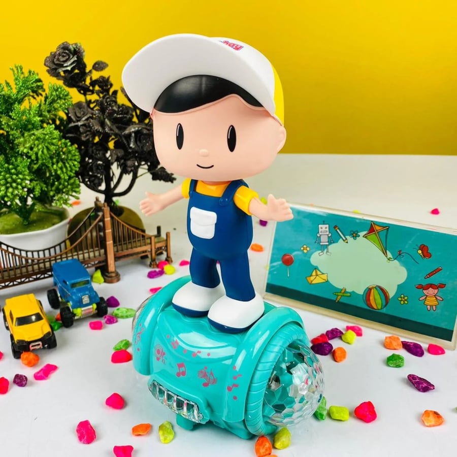 Scooter doll with musical boy rotates 360 degrees with 5D light and interactive music