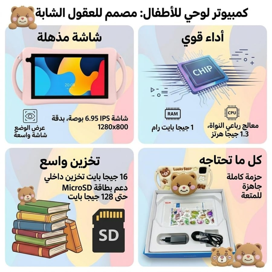 تابلت Oteeto K6 Kids للأطفال 7 إنش يدعم شريحة اتصال – أندرويد – تابلت تعليمي آمن