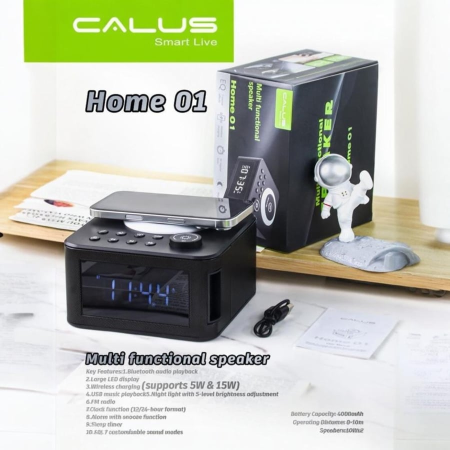 مكبر صوت بلوتوث متعدد الوظائف CALUS Home 01 مع شاحن لاسلكي 15 واط، راديو FM وساعة منبه ذكية