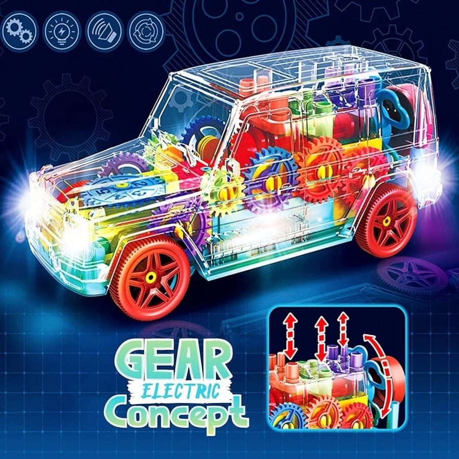 A rotating jeep toy with a transparent design and 360-degree rotation, with music and magical lights