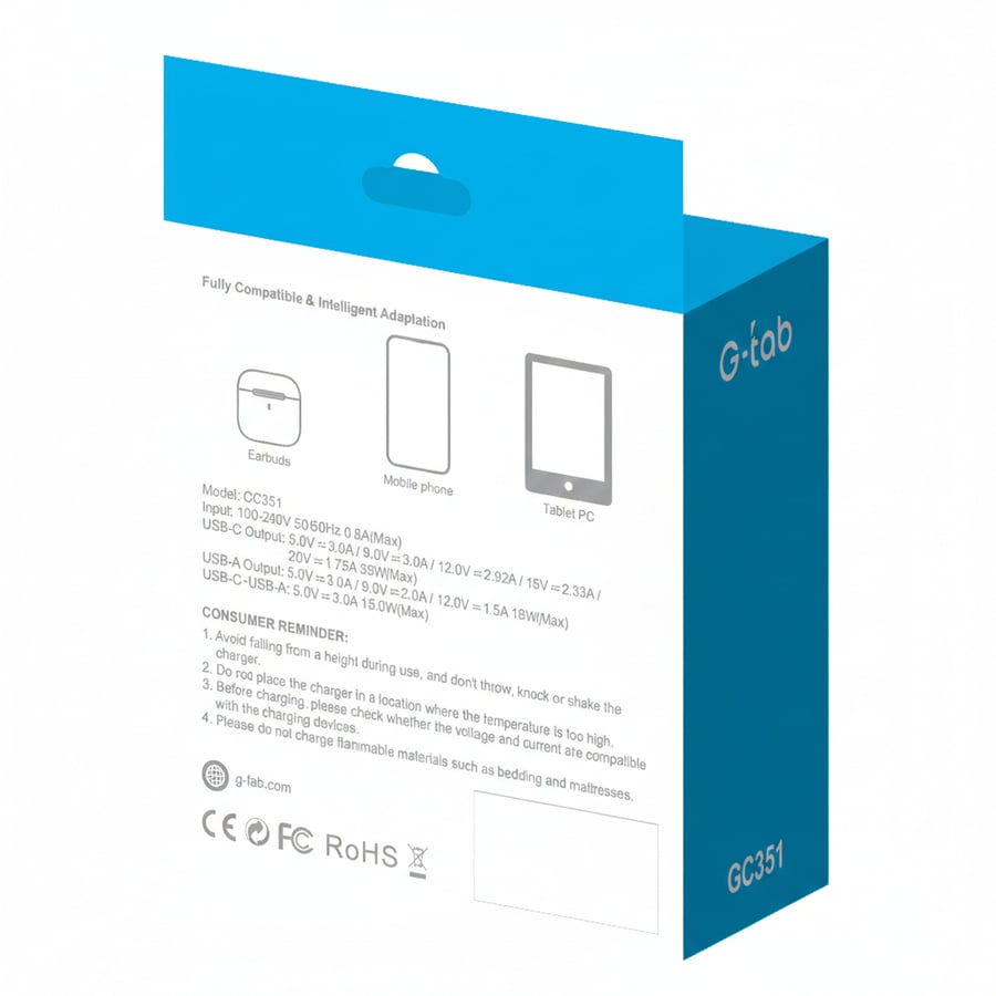 شاحن جداري جي تاب G-Tab GC351 بتقنية غان 35 واط ومنفذين (Type-C و USB-A) شحن سريع