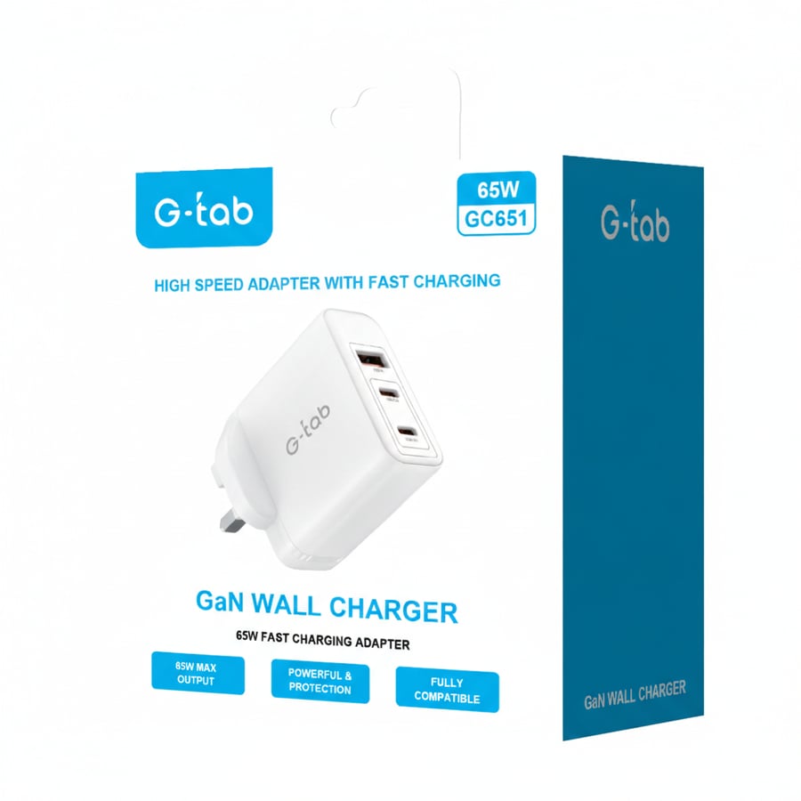 شاحن جداري جي تاب G-Tab GC651 بقوة 65 واط تقنية GaN وثلاثة منافذ (2 تايب سي + 1 يو اس بي)