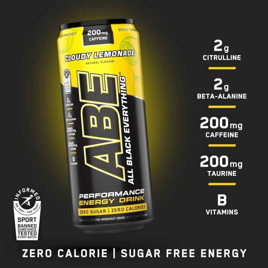 مشروب ABE Pre-Workout بنكهة الليمون إصدار محدود – خالي من السكر | 330 مل – 200 ملجم كافيين