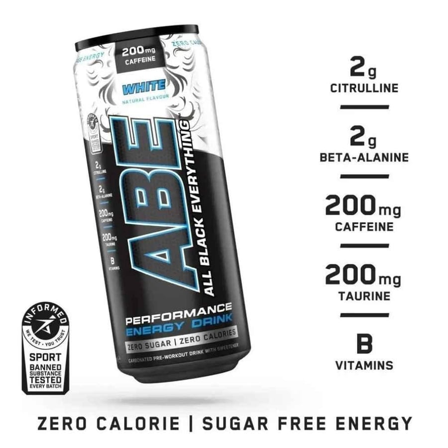 مشروب ABE Pre-Workout بنكهة الوايت إصدار محدود – خالي من السكر | 330 مل – 200 ملجم كافيين