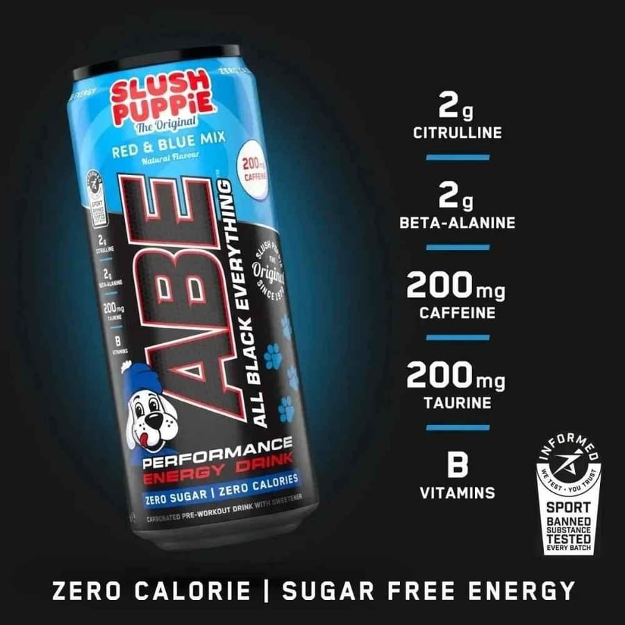 مشروب ABE Pre-Workout بنكهة سلاش بوبي-إصدار محدود – خالي من السكر | 330 مل – 200 ملجم كافيين