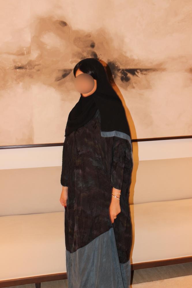 Quarter bisht abaya combining washed Turkish jacquard with dusty blue washed Turkish silk.