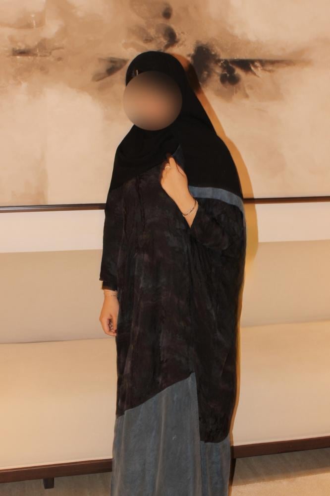 Quarter bisht abaya combining washed Turkish jacquard with dusty blue washed Turkish silk.