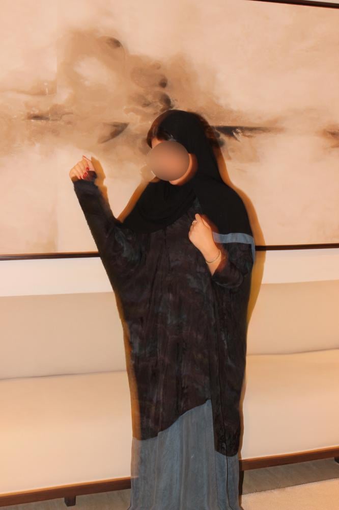 Quarter bisht abaya combining washed Turkish jacquard with dusty blue washed Turkish silk.