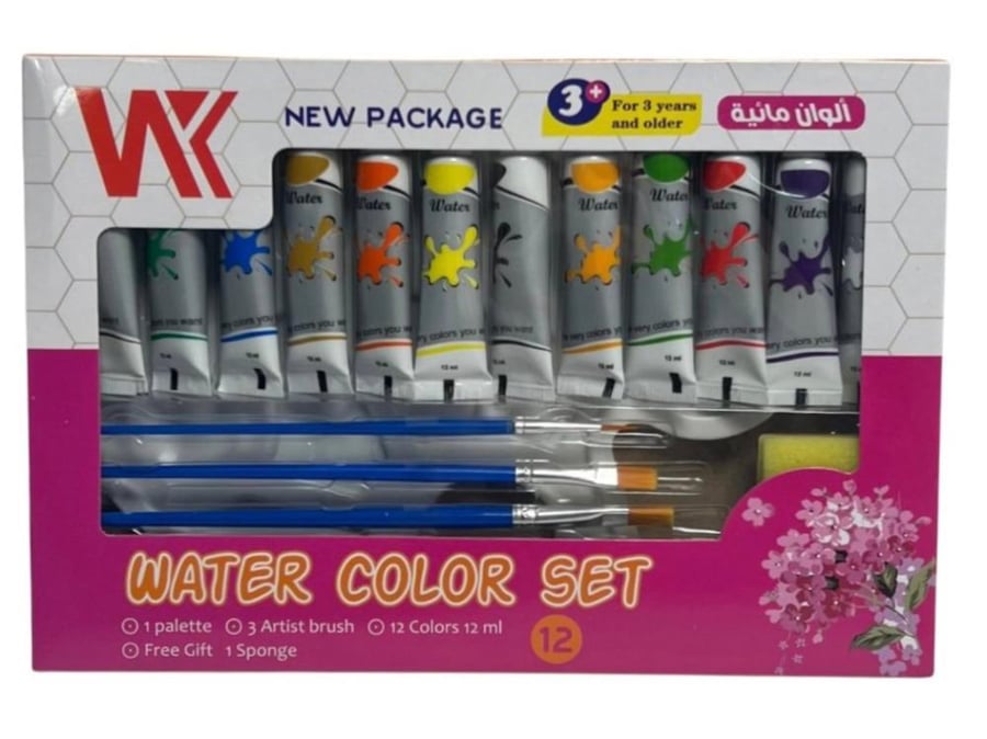 الوان مائية 12ml  (12 لون + 3 فرش + اسفنجة + باليت اللوان ) - Hi Tekno