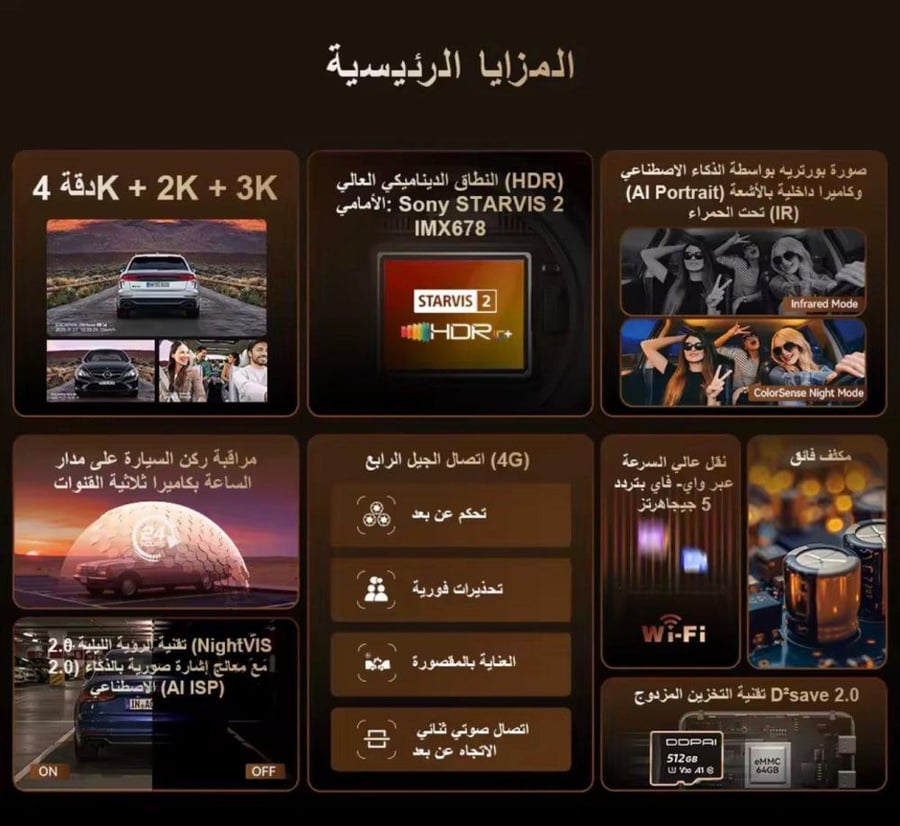داش كام دي دي باي  DDPAI Z90 Pro 4K أمامية ، داخلية ، خلفية