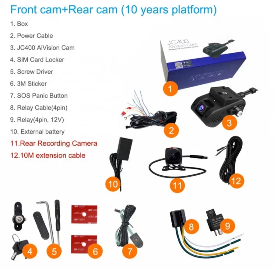 Dash Cam 4G - JC400 front, rear, live streaming, and tracking