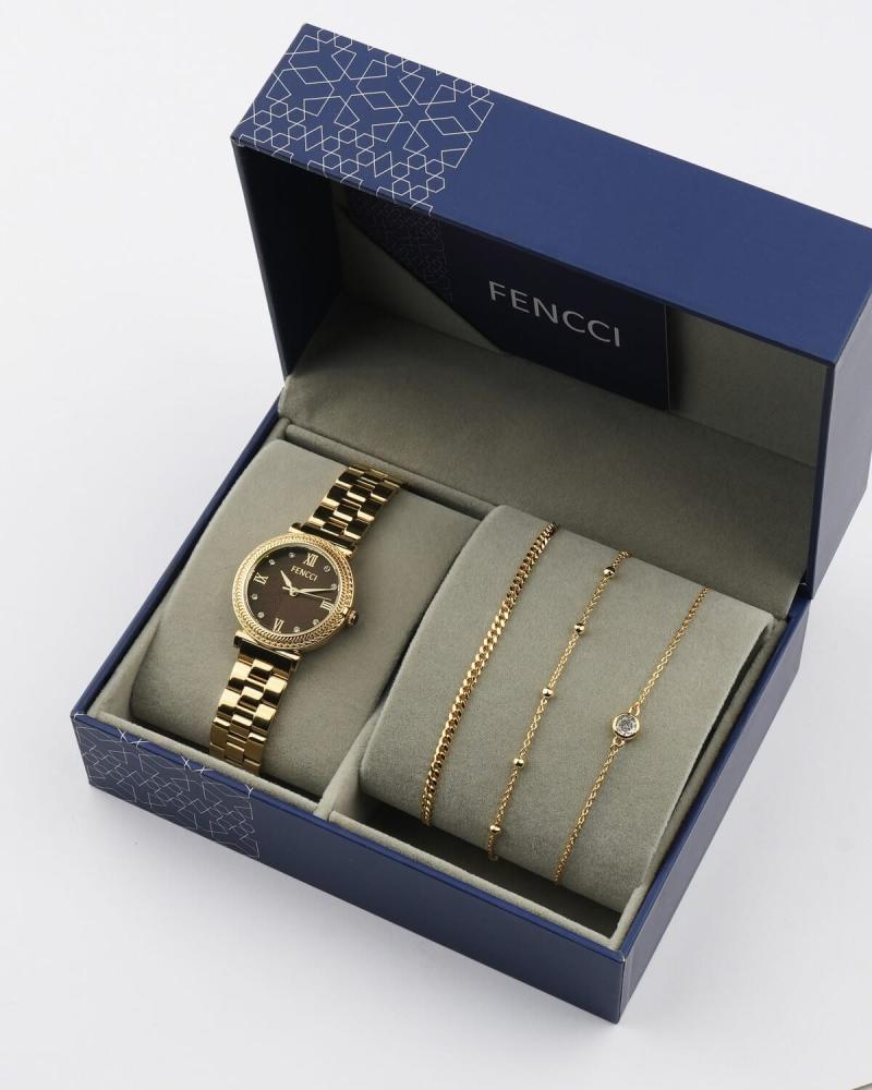 A women's gift, Versace, steel watch, and bracelets in gold color