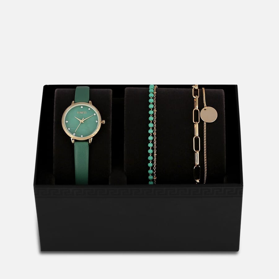 An elegant box with a women's Versace watch made of leather in green color and two straps | SFAL016L015408