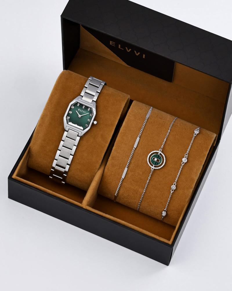 Women's gift, Elle and Co, watch and bracelets in silver color