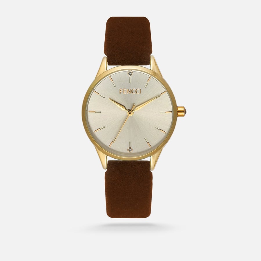 Women's Vinci watch, traditional, made of brown suede leather, with a white dial and a gold frame | FAL011L011107