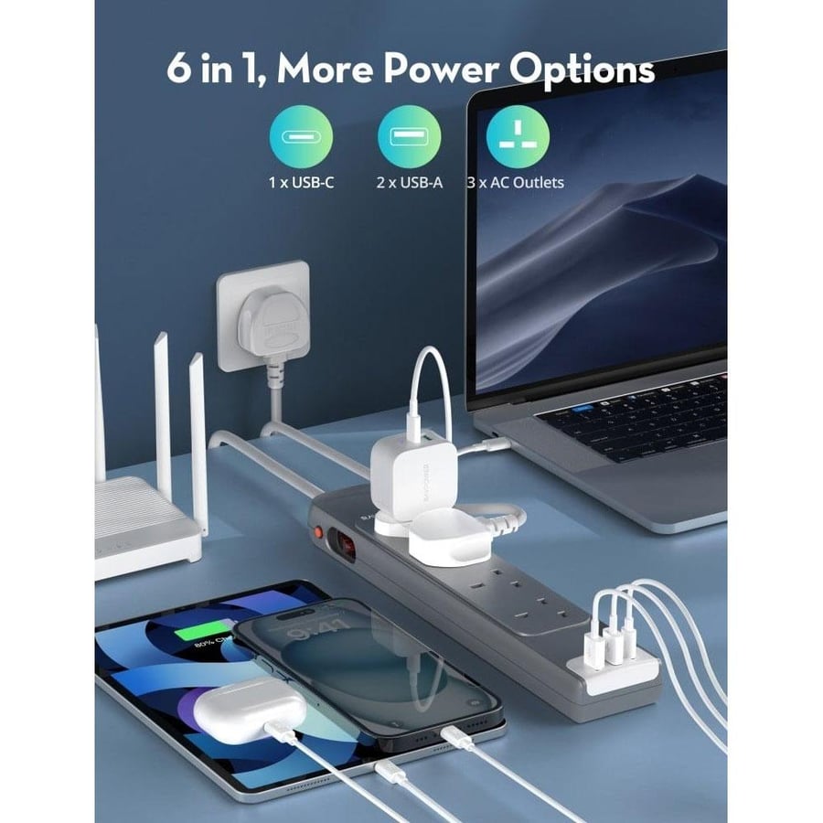 RP-PC1039 | توصيلة 4 منافذ طاقة ومنفذين USB-A ومنفذ USB-C بطول 3 متر | أسود