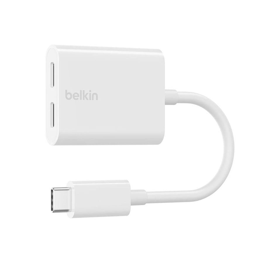 Belkin RockStar USB-C محول الصوت + الشحن، شحن سريع، توصيل طاقة يصل إلى 60 وات، 2 منافذ USB-C، جودة صوت عالية الدقة