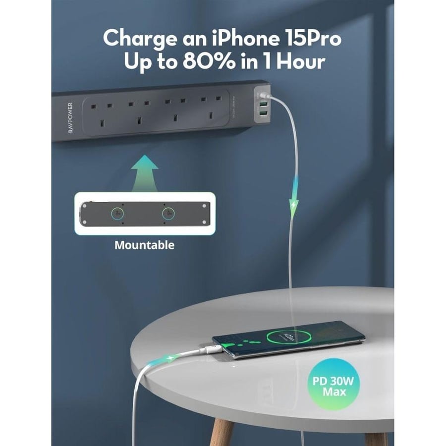 RP-PC1039 | توصيلة 4 منافذ طاقة ومنفذين USB-A ومنفذ USB-C بطول 3 متر | أسود