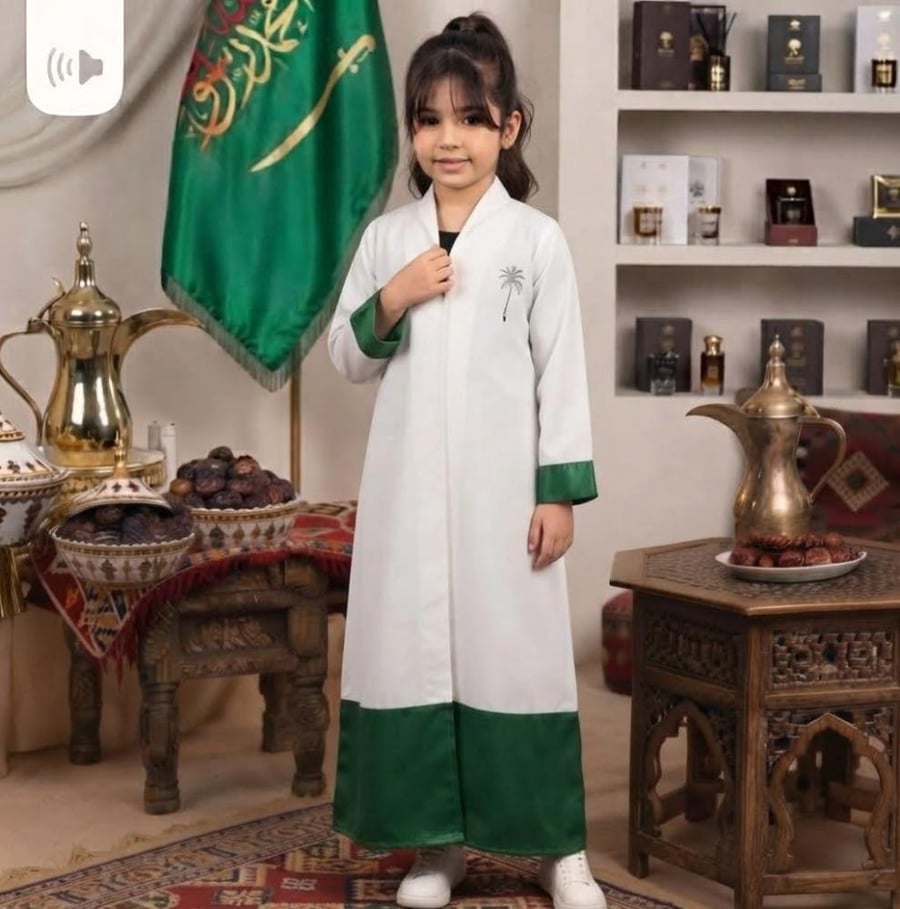 عباية اليوم الوطني للأطفال باللونين الأبيض والأخضر بتطريز شعار النخلة