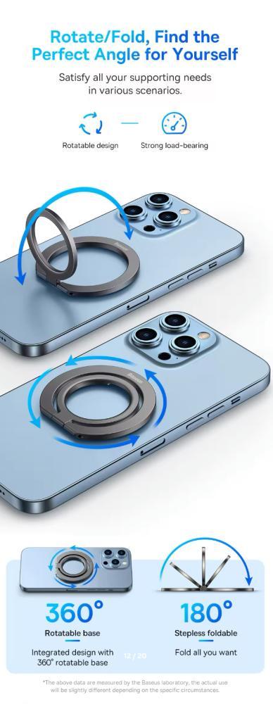 حامل هاتف مغناطيسي بزاوية 360° من Baseus - حامل حلقي مغناطيسي متعدد الاستخدامات لهواتف iPhone 15, 14, 13, 12, 11 Pro Max Mini - حامل أصابع ودعامة تثبيت قوية