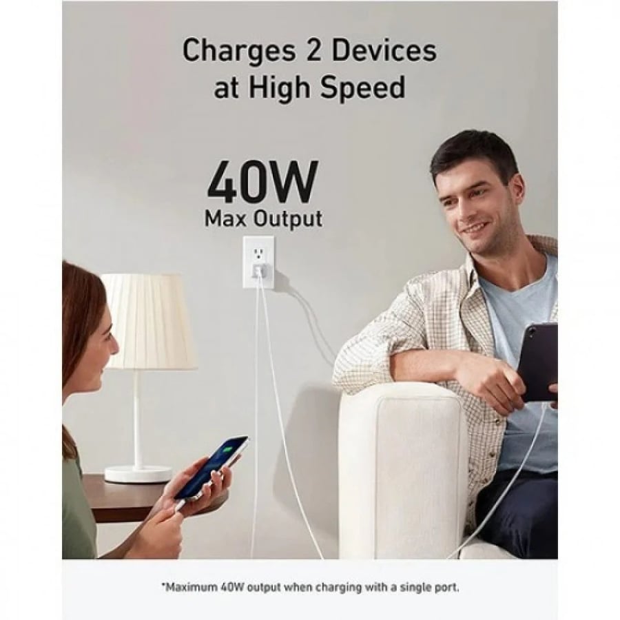 انكر - شاحن جداري انكر نانو برو بقوة 40 واط بمنفذين USB-C - ابيض