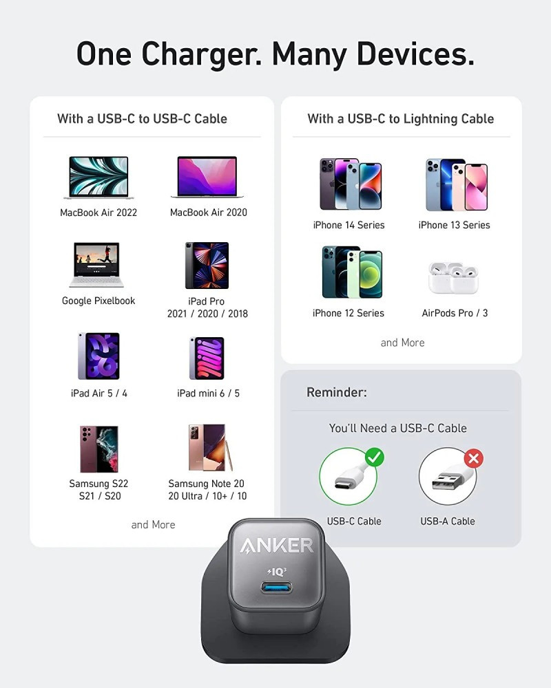 شاحن جداري نانو أنكر بقوة 30 واط بمنفذ USB-C - أسود