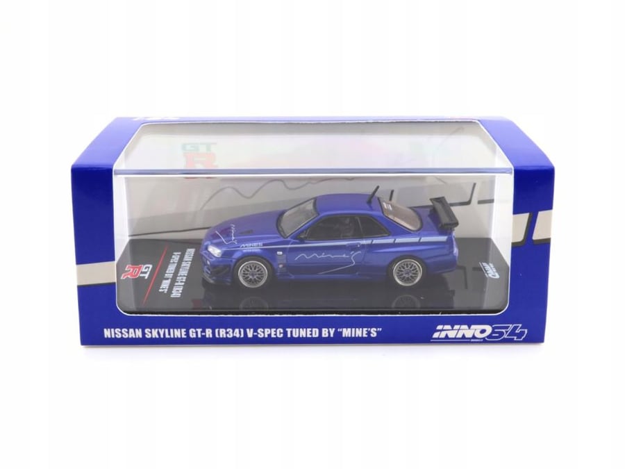 Nissan Skyline GT-R (R34) V-Spec Tuned by Mine's Blue Metallic 1:64 Inno Models IN64-R34VS-MINES-BL
