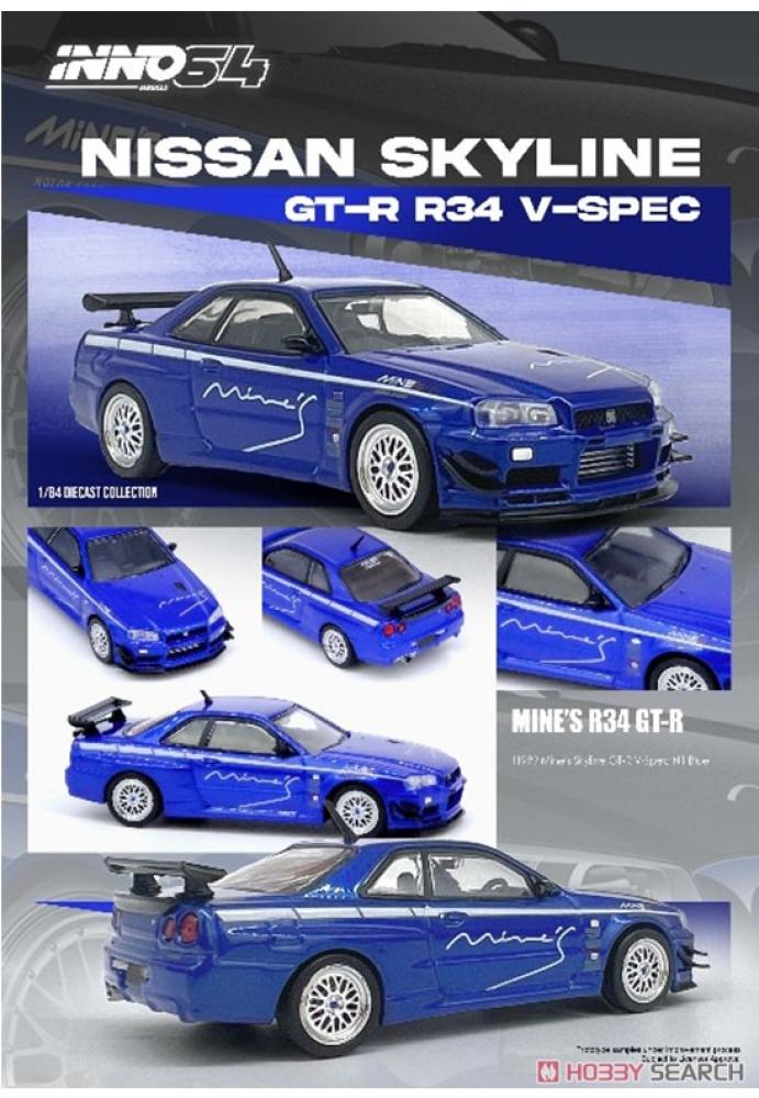 Nissan Skyline GT-R (R34) V-Spec Tuned by Mine's Blue Metallic 1:64 Inno Models IN64-R34VS-MINES-BL