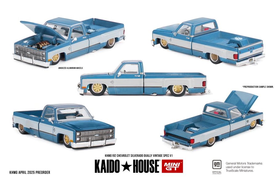 Chevrolet Silverado Dually Vintage Spec V1 Blue & White 1:64 MINI GT Kaido House KHMG192 840456305072