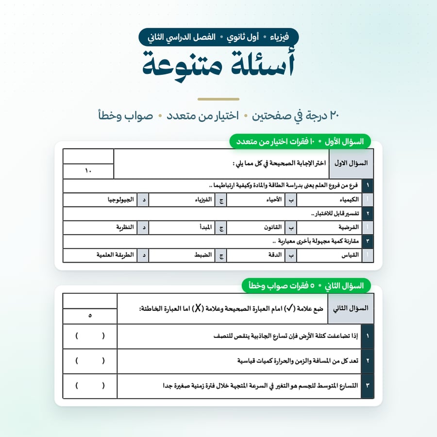 اختبار الفترة الاولى فيزياء اول ثانوي الفصل الثاني