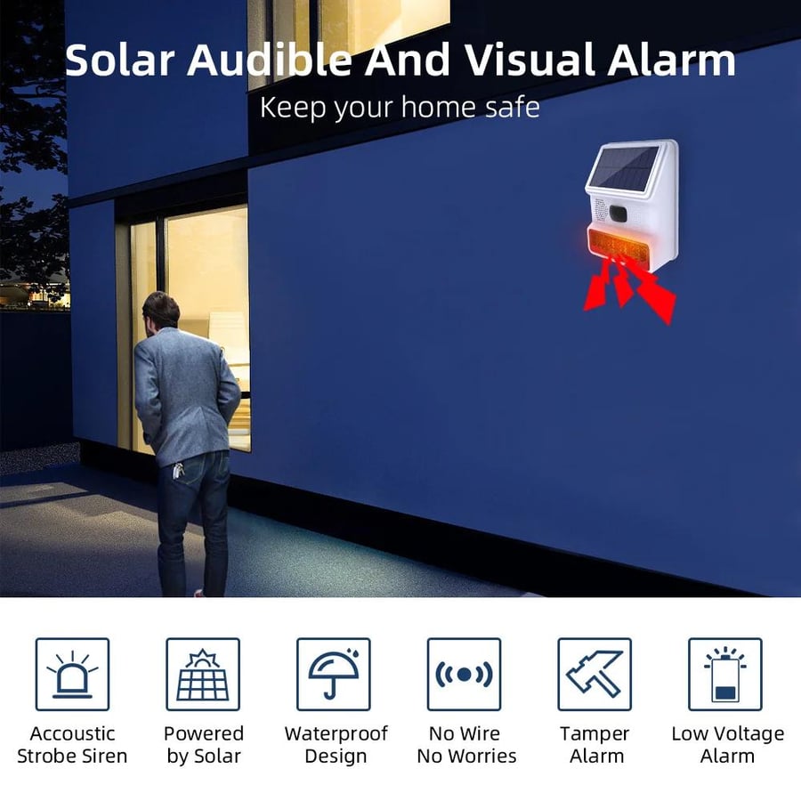 صفارة وإنذار وميضي شمسي لتأمين محيط المباني والفلل  Solar strobe siren