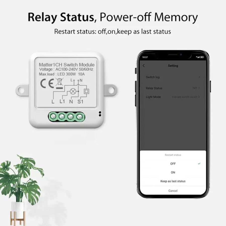 مفتاح ذكي Matter واي فاي قناة واحدة متوافقة مع HomeKit أليكسا جوجل