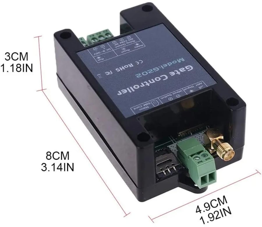The G202 GSM opener shown with its antenna and terminals