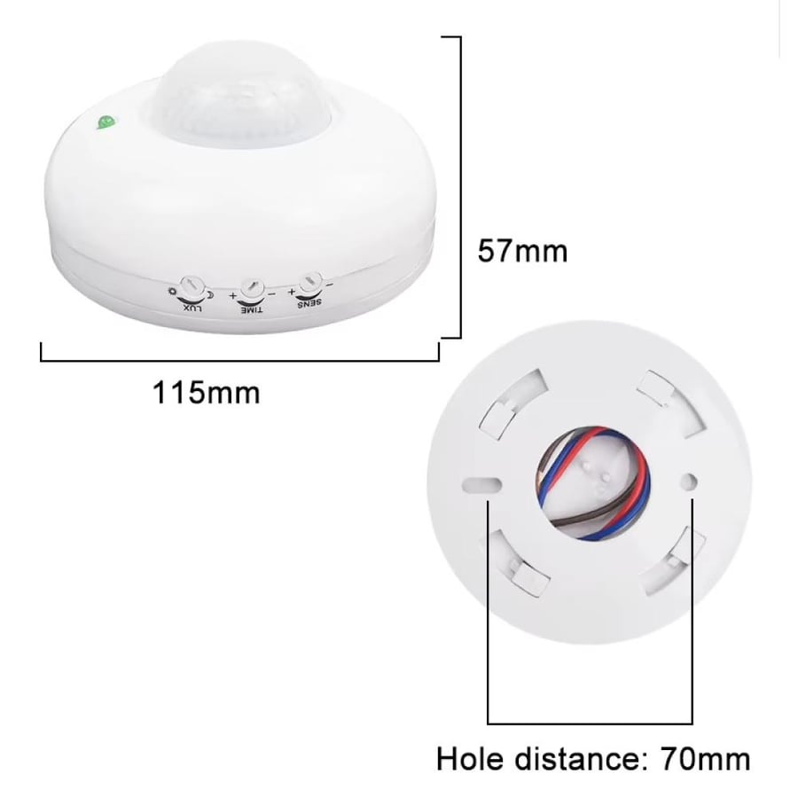 أبعاد مستشعر الحركة السقفي وفتحات مسامير القاعدة Ceiling motion sensor