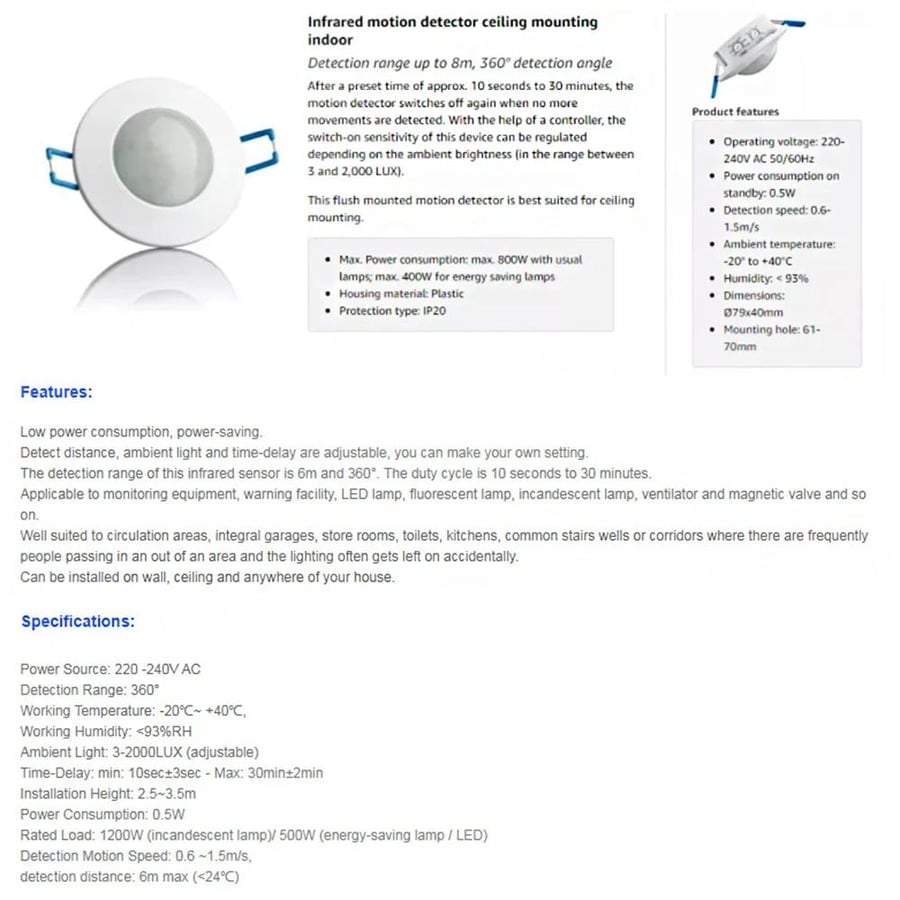 مفتاح مستشعر حركة بالأشعة تحت الحمراء PIR Abhir-online Motion Sensor