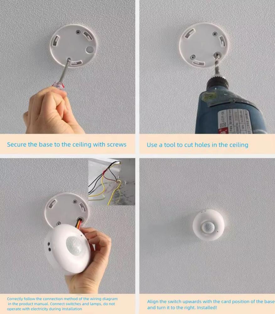 خطوات تثبيت وتركيب مستشعر الحركة السطحي على السقف Step-by-step ceiling