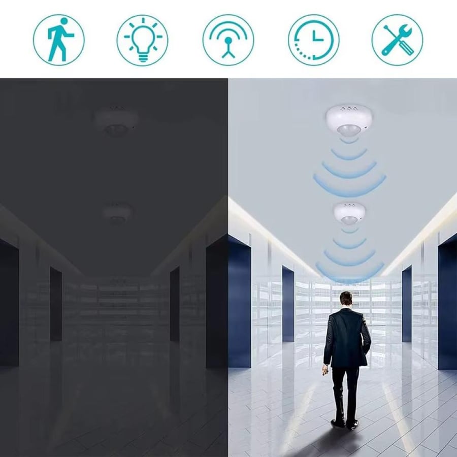 مستشعر حركة سقفي PIR ذكي 360 درجة 220V للتحكم التلقائي بالإضاءة - أبيض