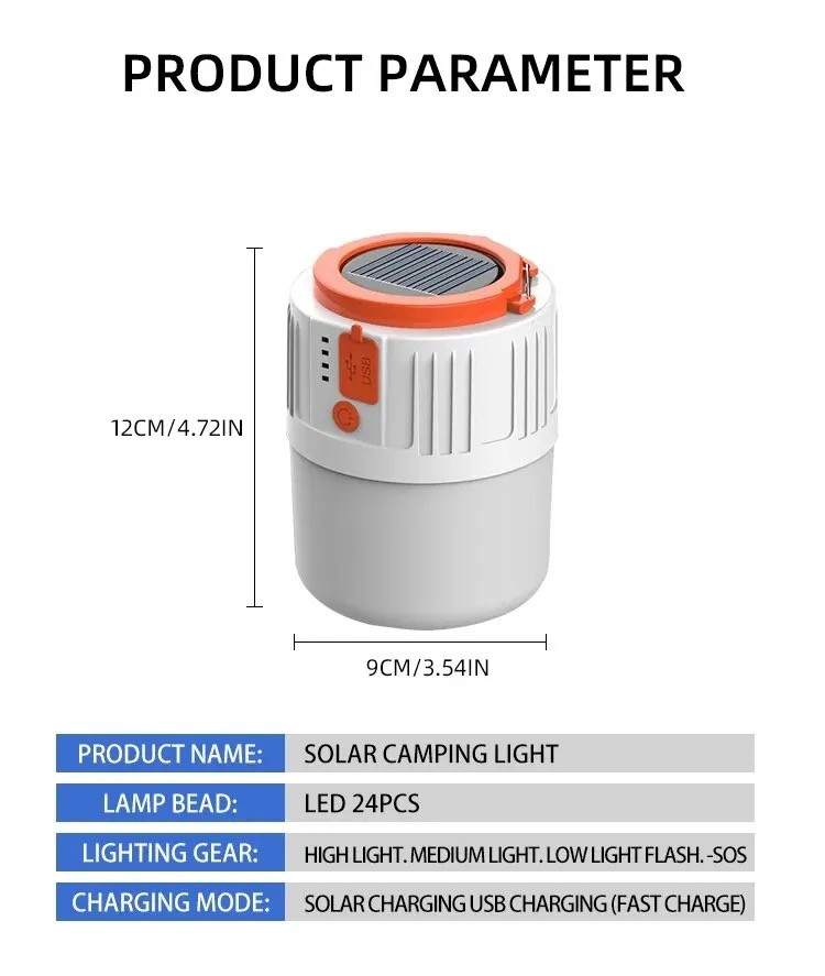 مصباح ولمبة إضاءة LED لون أبيض ٥ وات تعمل بالطاقة الشمسية بعلاقة للتخييم والمشي و حالات الطوارئ ببطارية قابلة لإعادة الشحن USB  5 أوضاع إضاءة