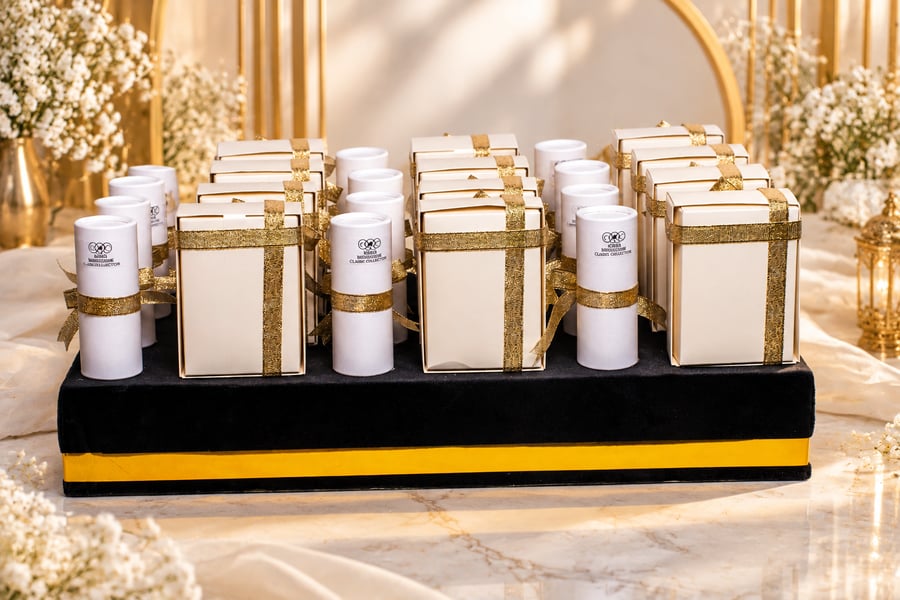 توزيعات "الفخامة الذهبية 12 عطر بالمسك الأزرق   12 عطر جرس مونتايجني كلاسيك