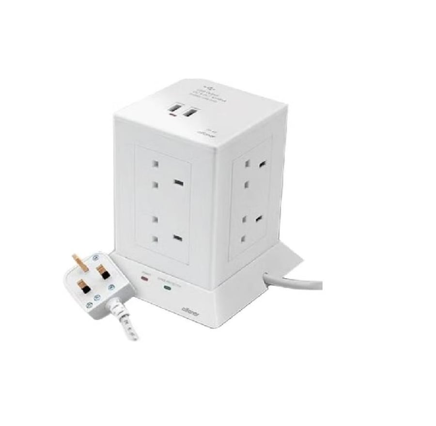 الفنار وصلة سلك برج 13 أمبير 8 مقابس 2 منفذ USB أبيض 3 متر أبيض