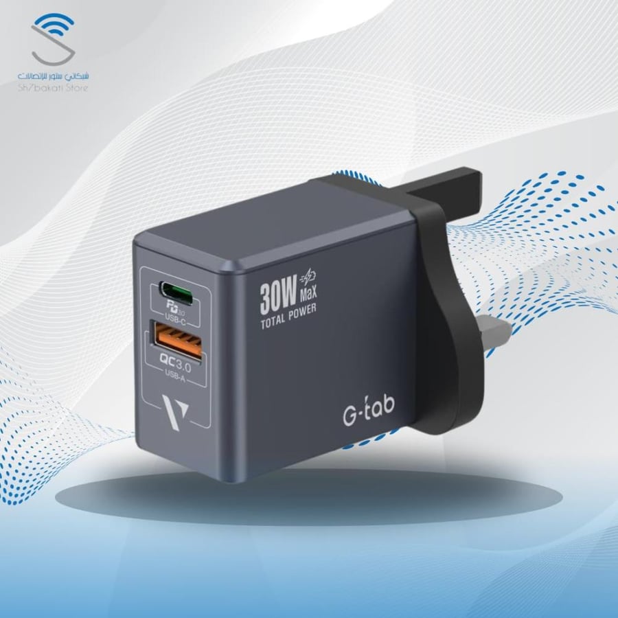 شاحن جداري G-Tab VWC30 بقوة 30 واط بمنفذ PD و USB شحن سريع